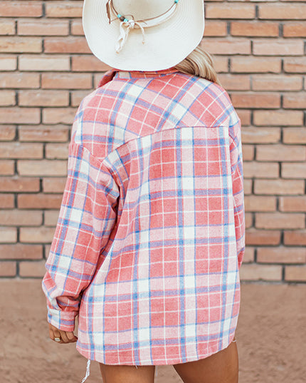 Pink Plaid Flap Pocket Button Up Shacket