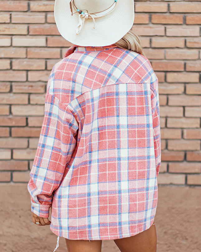 Pink Plaid Flap Pocket Button Up Shacket