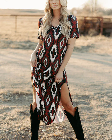 Red Western Aztec Printed Long T-shirt Dress