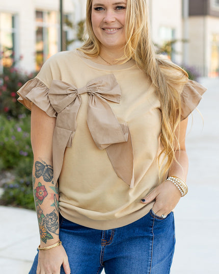 Parchment Ruffled Short Sleeve Bowknot Applique Crew Neck Plus Size Top