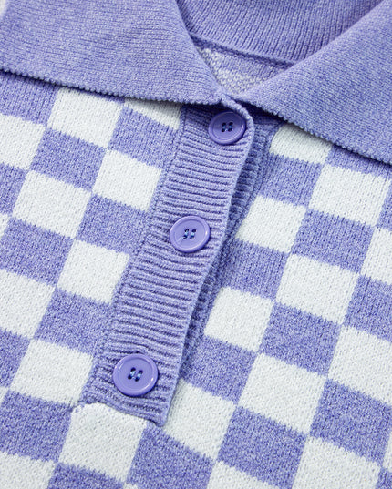 Purple Checkered Collared Buttons Plus Size Sweater