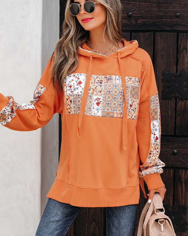 Flamingo Mix Floral Patchwork Side Slit Drawstring Hoodie