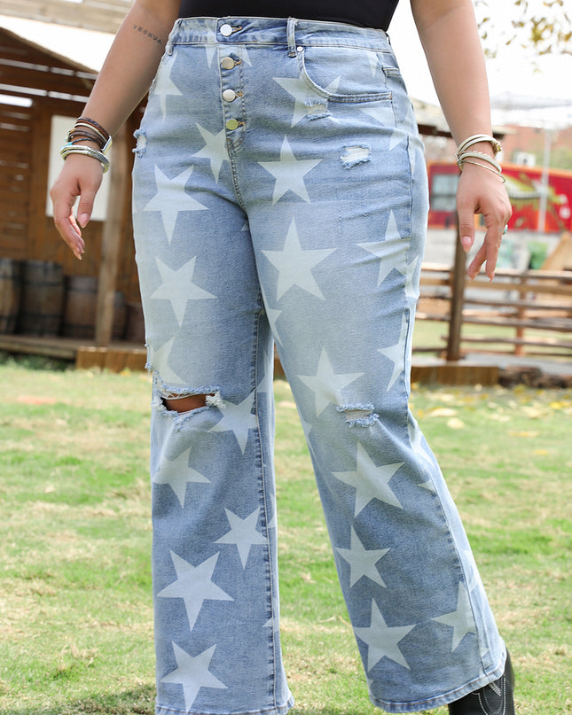 Sky Blue Star Printed Multi Buttons Slit Knee Destroyed Plus Size Jeans