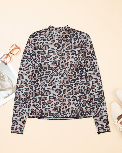 Brown Leopard Mock Neck Mesh Long Sleeve Top
