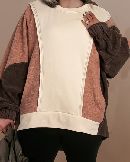 Brown Exposed Seam Colorblock Plus Size Hoodie