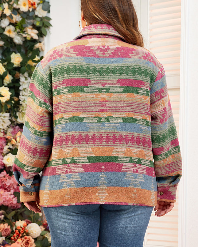 Pink Plus Size Aztec Printed Flap Pocket Shacket