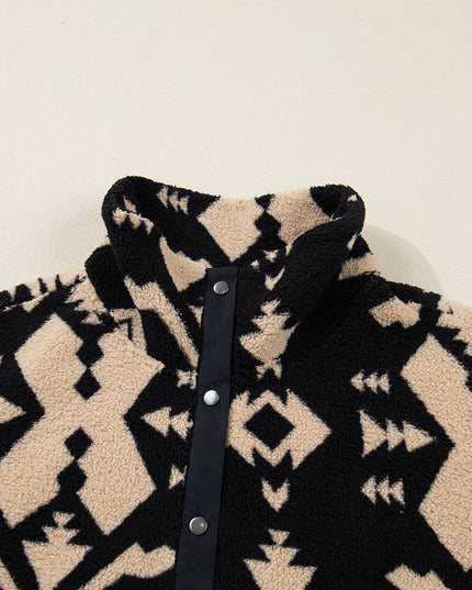 Black Plus Size Western Aztec Pattern Half Button Collared Plush Sweatshirt