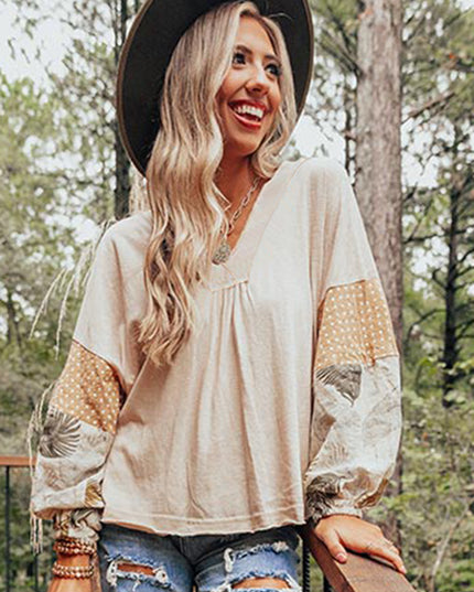 Jet Stream Palm Leaves Polka Dot Puff Sleeve Patchwork V Neck Loose Blouse
