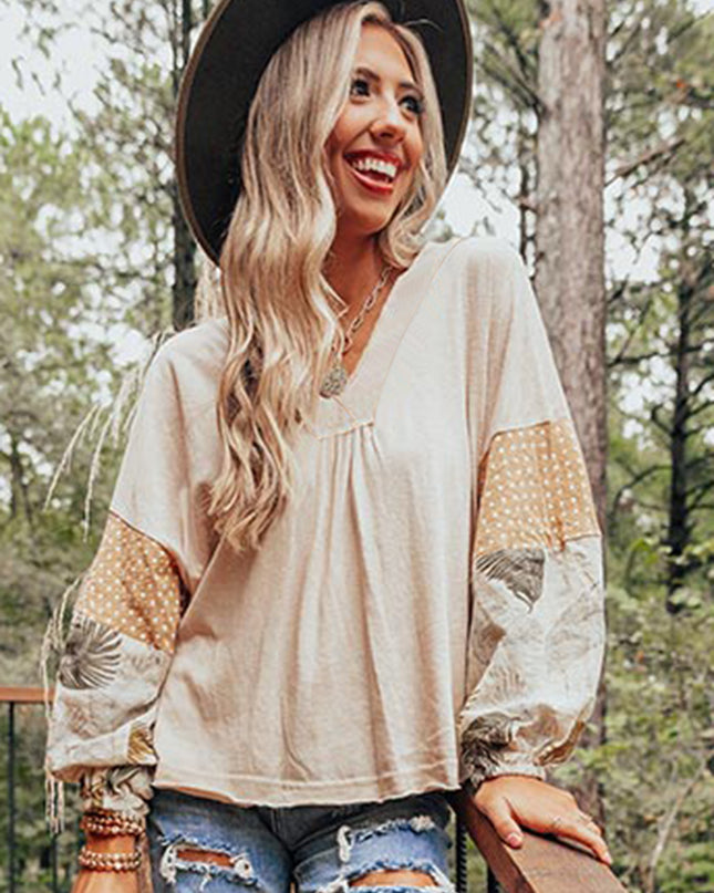 Jet Stream Palm Leaves Polka Dot Puff Sleeve Patchwork V Neck Loose Blouse