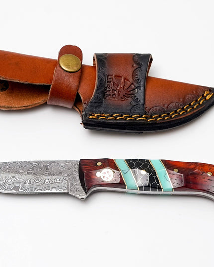 Custom Damascus Steel Drop Point Hunter | Rosewood, Turquoise & Black Honeycomb Handle | Scout Carry TK-489