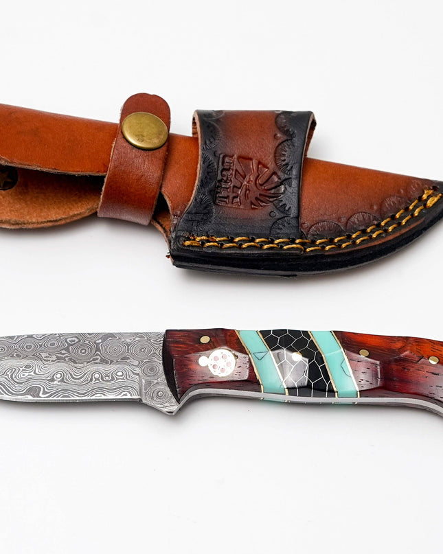 Custom Damascus Steel Drop Point Hunter | Rosewood, Turquoise & Black Honeycomb Handle | Scout Carry TK-489