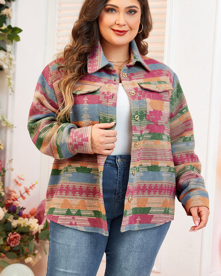 Pink Plus Size Aztec Printed Flap Pocket Shacket