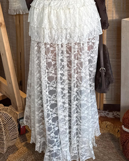White Sheer Lace Frilly Ruffles High Low Long Skirt