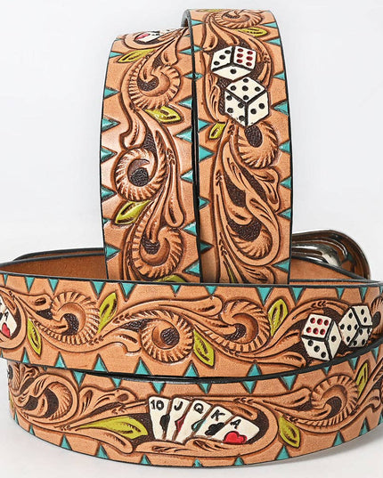 LC-ADBLF149 Tooled Leather Western Belt - Poker & Dice Motif with Turquoise Accents