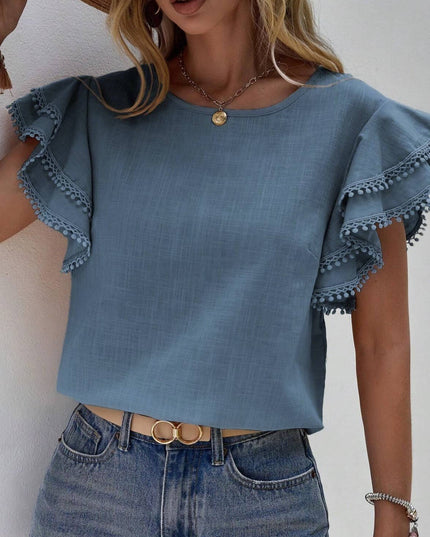 Crewneck Loose Lace Ruffle Short-Sleeved T-Shirt Top