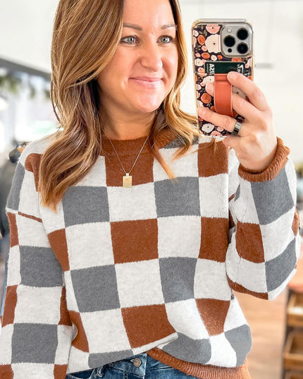Brown Plus Size Checkered Crewneck Sweater