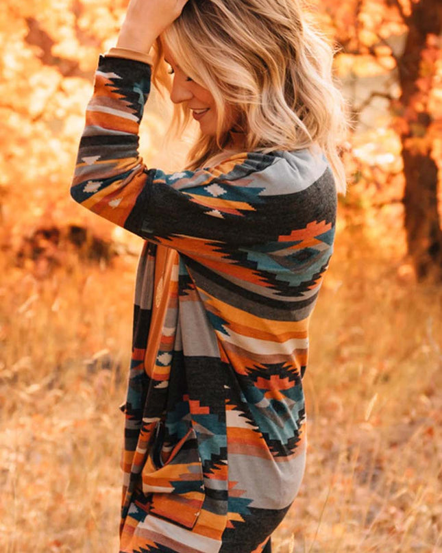 Orange Western Tribal Aztec Print Cardigan