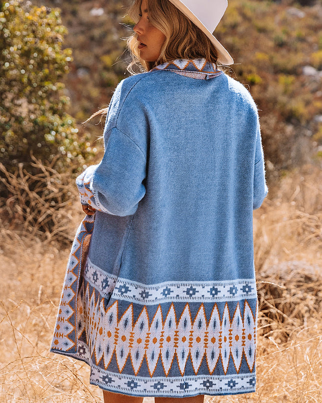 Blue Aztec Print Open Front Knitted Cardigan