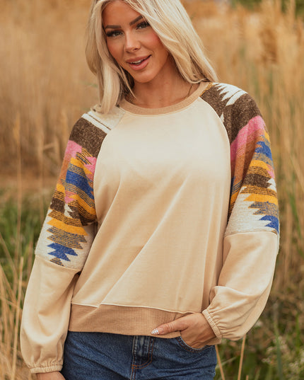 Light French Beige Aztec Patchwork Raglan Pullover Sweatshirt