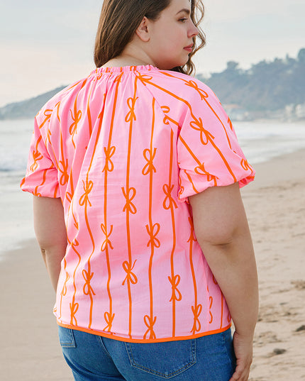 Rose Bowknot Print Shirred V Neck Puff Sleeve Plus Size Blouse