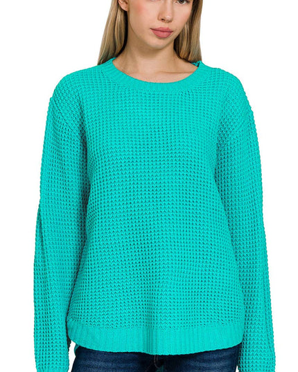 Hi Low Long Sleeve Round Neck Waffle Sweater Zenana