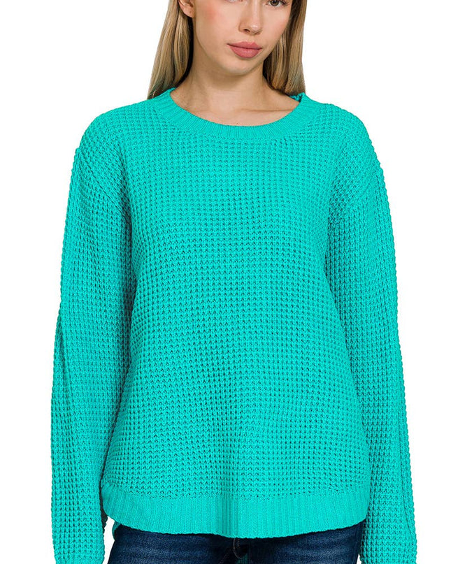Hi Low Long Sleeve Round Neck Waffle Sweater Zenana