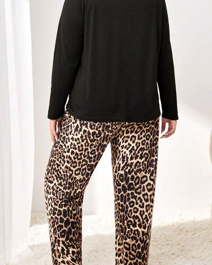 Black Leopard Patched Pocket Long Sleeve Top Plus Size Pants Set