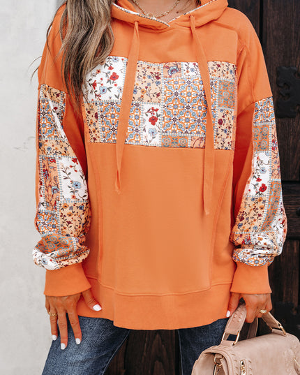 Flamingo Mix Floral Patchwork Side Slit Drawstring Hoodie
