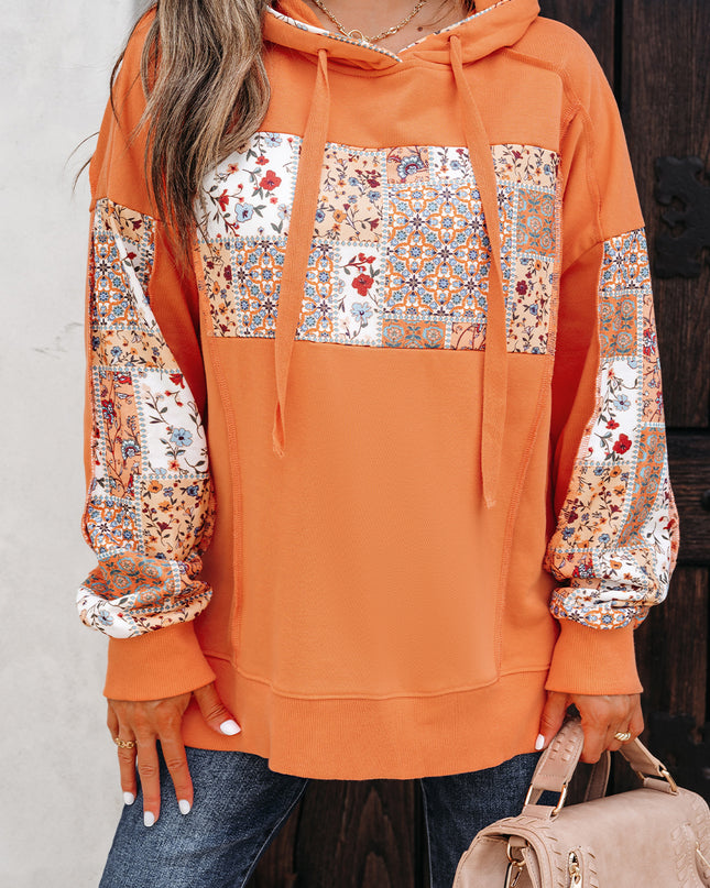 Flamingo Mix Floral Patchwork Side Slit Drawstring Hoodie