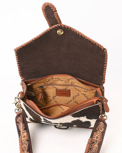 ADBGA635 Hair-On Cowhide Crossbody Bag with Tooled Leather Strap & Trim