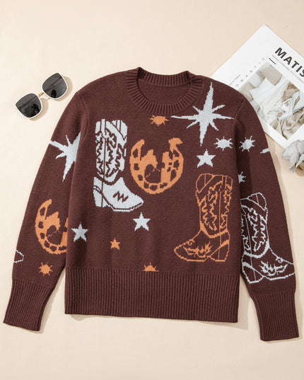 Brown Cowgirl Fashion Print Casual Sweater