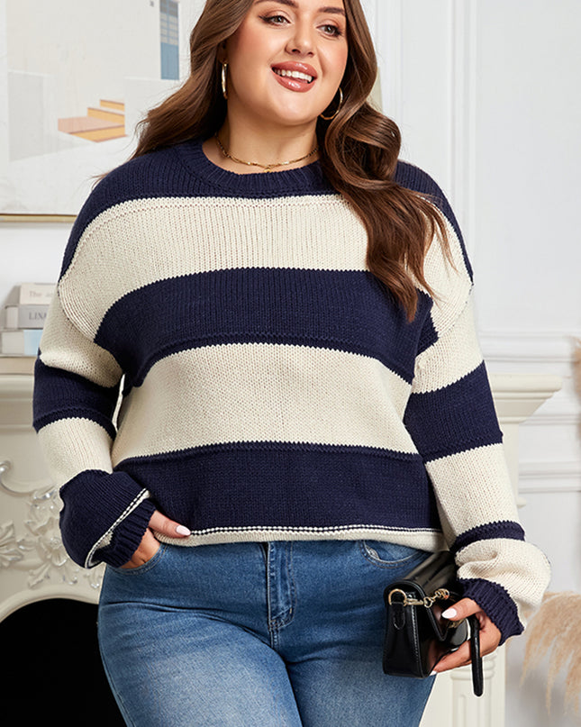 Khaki Stripe Color Block PLus Size Drop Shoulder Sweater