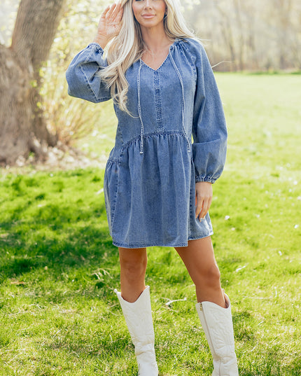 Myosotis Puff Sleeve V Neck Ruffled Loose Denim Mini Dress