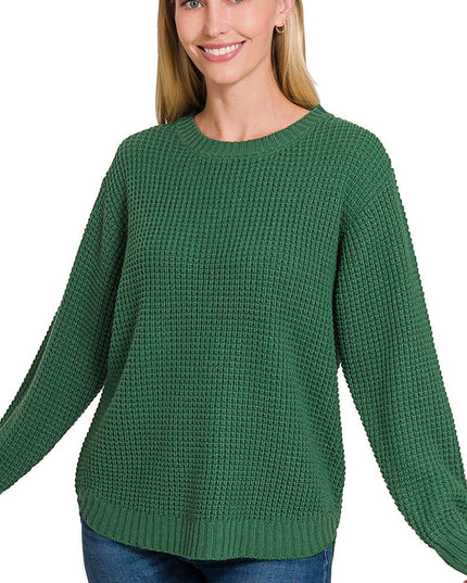 Hi Low Long Sleeve Round Neck Waffle Sweater Zenana