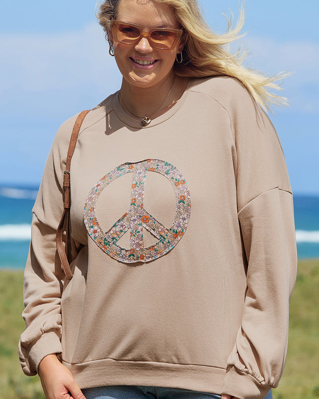 Pale Khaki Floral Peace Sign Graphic Washed Terry Plus Size Sweatshirt