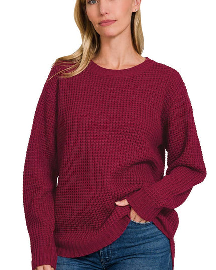 Hi Low Long Sleeve Round Neck Waffle Sweater Zenana