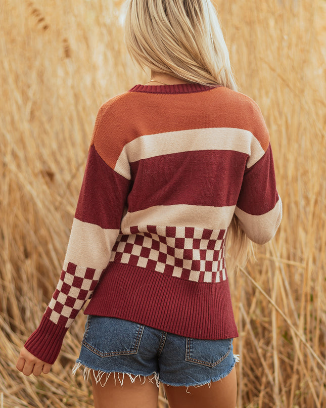 Brown Checkered Color Block Knitted Drop Shoulder Sweater