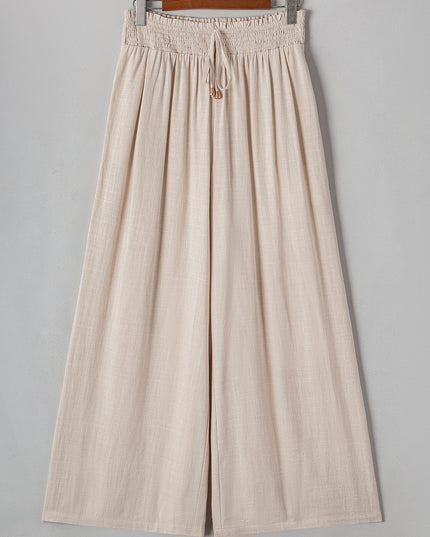 Beige Smocked High Waist Wide Leg Plus Size Pants
