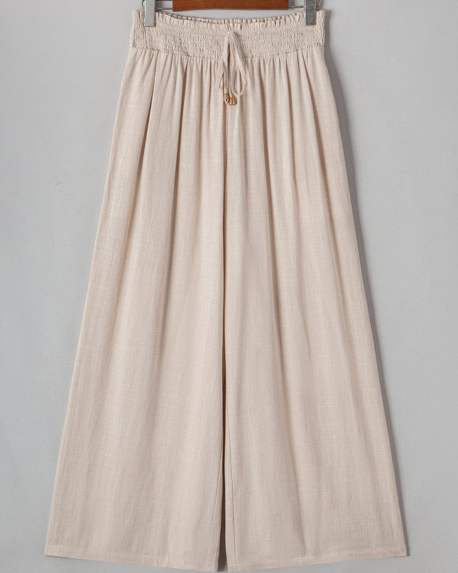 Beige Smocked High Waist Wide Leg Plus Size Pants