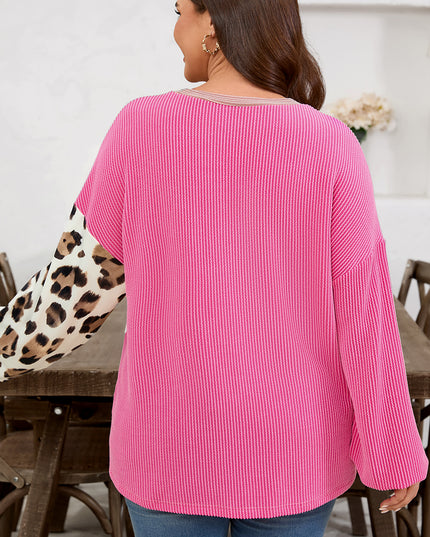 Rose Red Plus Size Twisted Ribbed Color Block Leopard Patchwork Long Sleeve Top