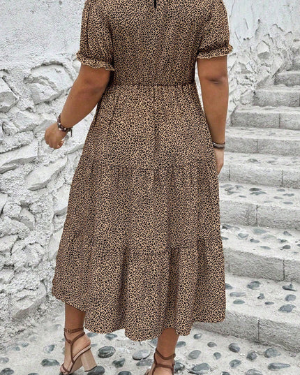 Brown Plus Size Leopard Print Frill Trim Short Sleeve Flared Dress