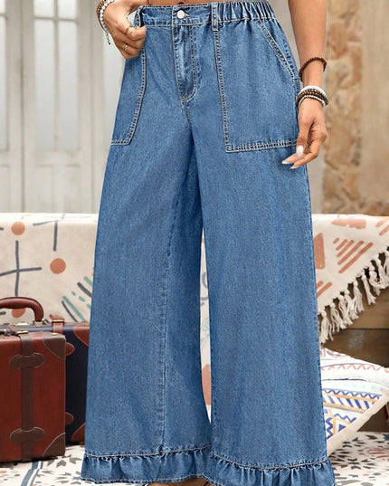 Ashleigh Blue Plus Size Elastic Waist Ruffled Wide Leg Denim Pants
