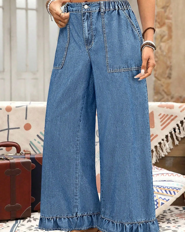 Ashleigh Blue Plus Size Elastic Waist Ruffled Wide Leg Denim Pants