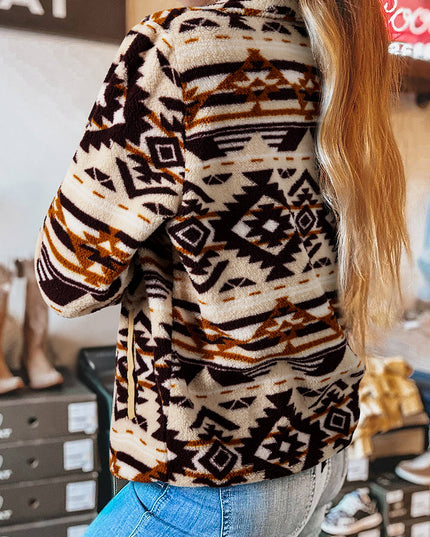 Beige Western Aztec Half Zip Plush Sweatshirt