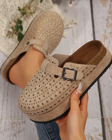 Parchment Rivet Buckle Closed Toe Platform Slippers