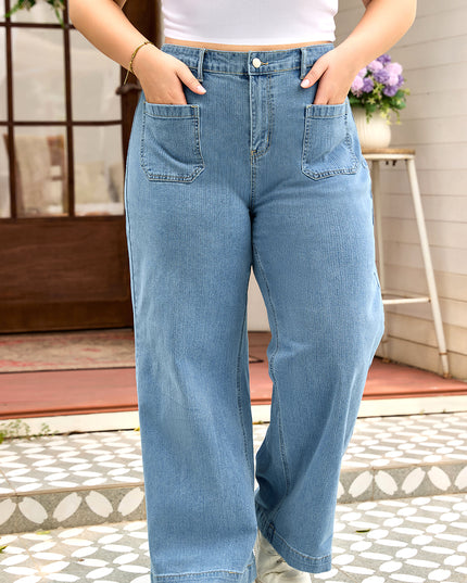 Dusk Blue Patched Pocket Textured Wide Leg Plus Size Jeans