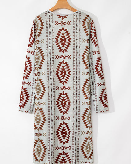 Brown Western Aztec Printed Open Front Long Cardigan