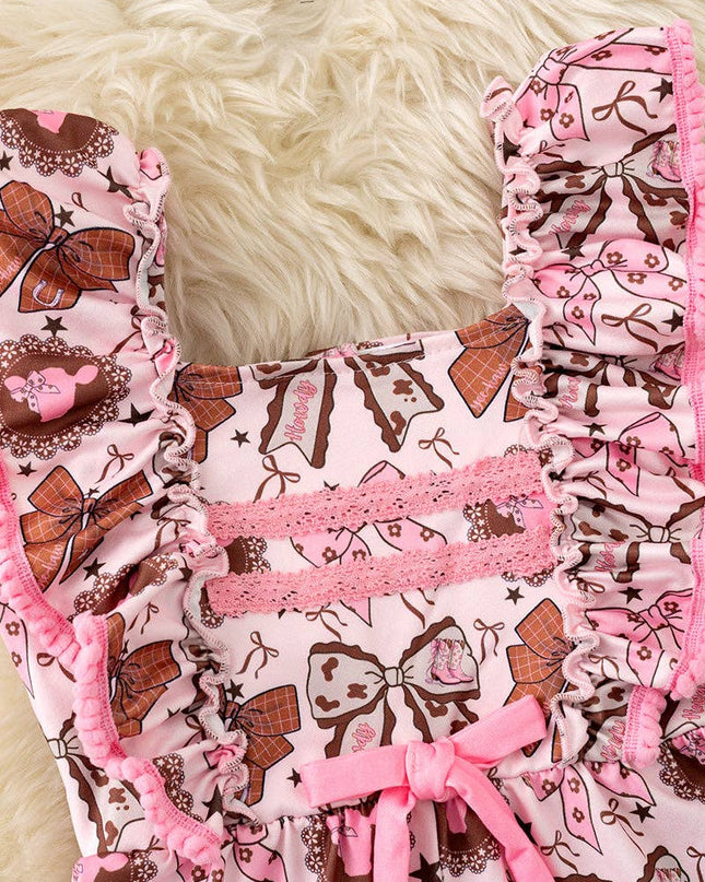 Coquette western bow printed pink & brown girls romper. PNG60128 SOL