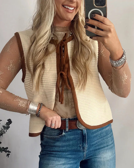 White Horizontal Ribbed Knit Contrast Trim Ties Front Sweater Vest
