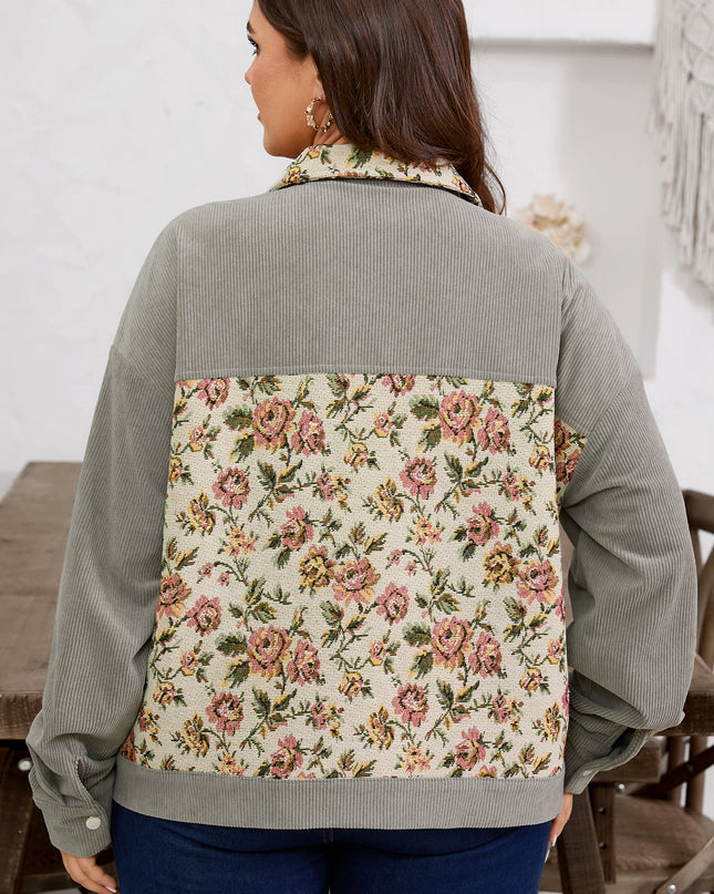 Medium Grey Corduroy Floral Patchwork Vintage Jacket